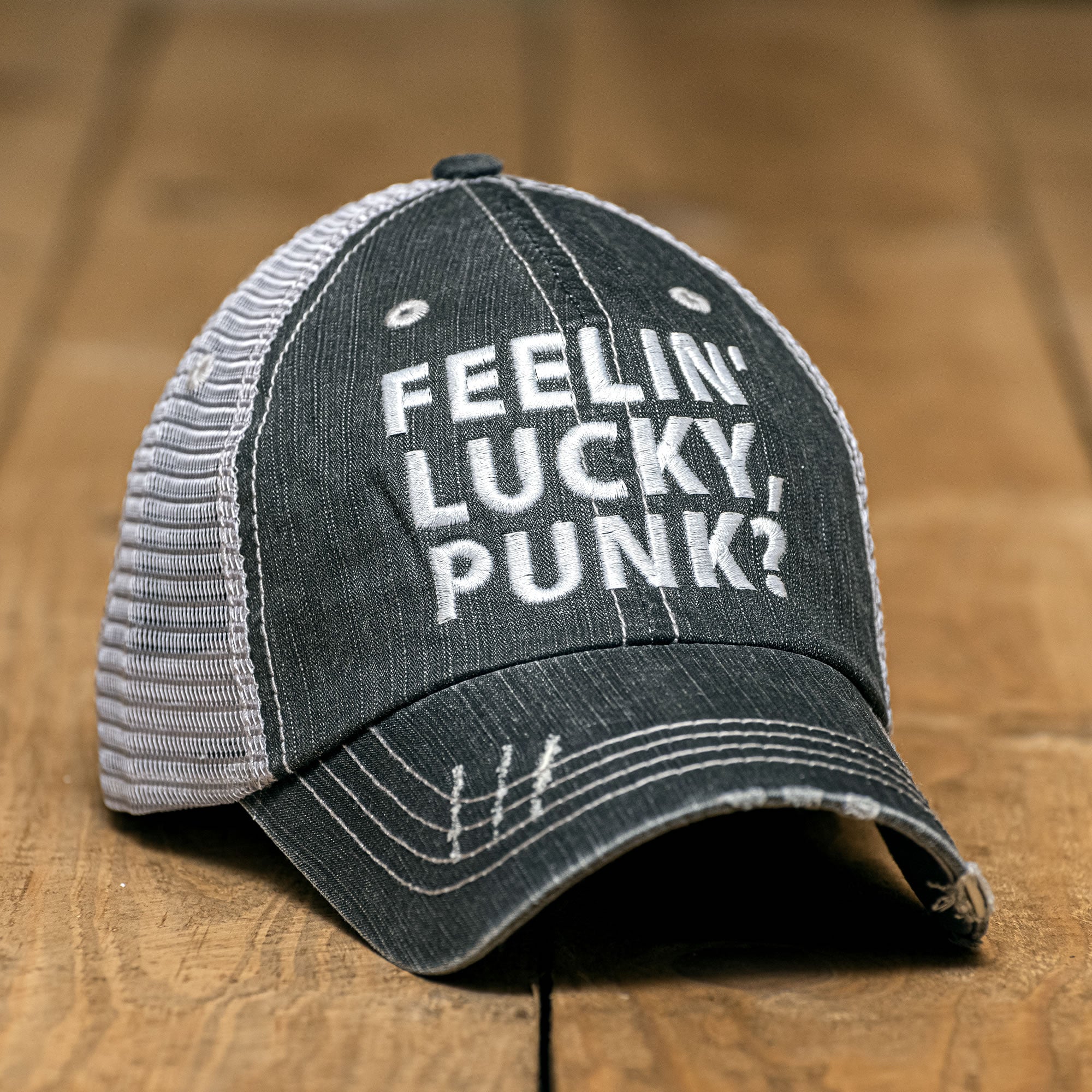 Feelin' Lucky, Punk? Distressed Hat Hats Black One size 