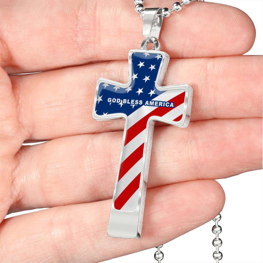 God Bless America Luxury Flag Cross Necklace (unisex) Made in USA - Custom Engraving Options Jewelry Cross Pendant with Ball Chain (Stainless Steel) No 