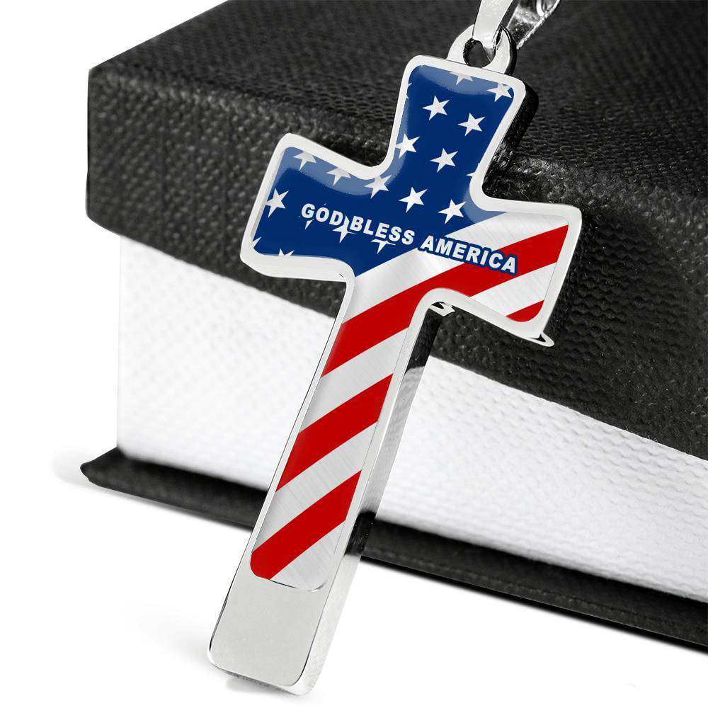 God Bless America Luxury Flag Cross Necklace (unisex) Made in USA - Custom Engraving Options Jewelry 