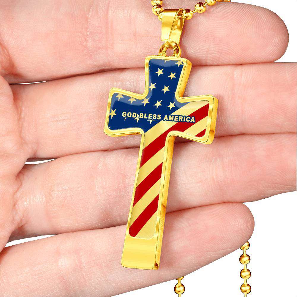 God Bless America Luxury Flag Cross Necklace (unisex) Made in USA - Custom Engraving Options Jewelry Cross Pendant with Ball Chain (Gold Finish) No 